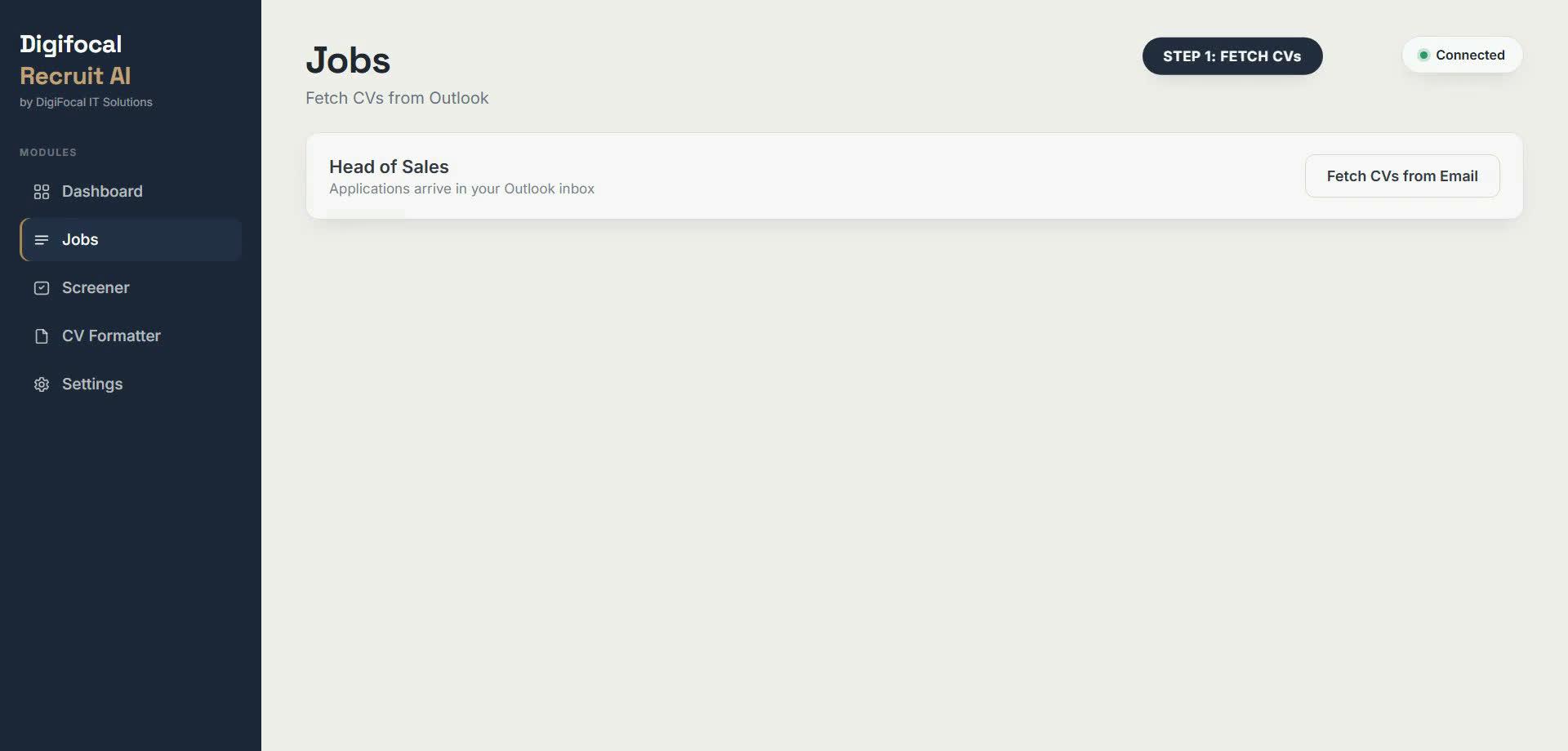 Recruit AI jobs module fetching CVs from a connected mailbox