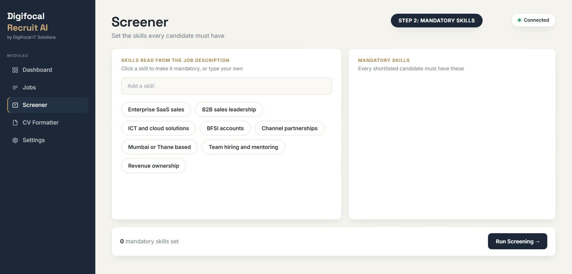 Recruit AI screener defining mandatory skills from a job description