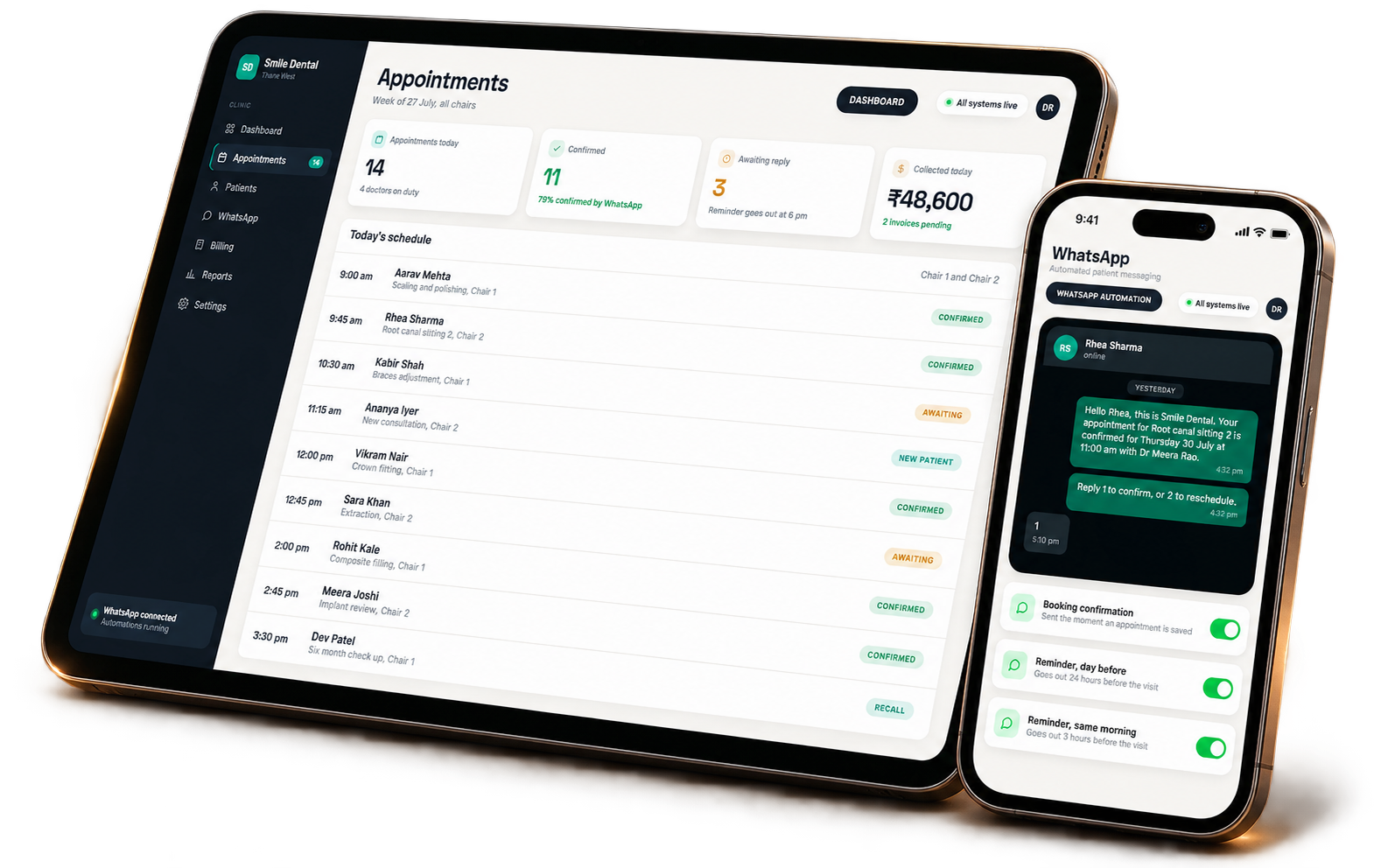 Clinic OS displayed on a premium tablet and smartphone