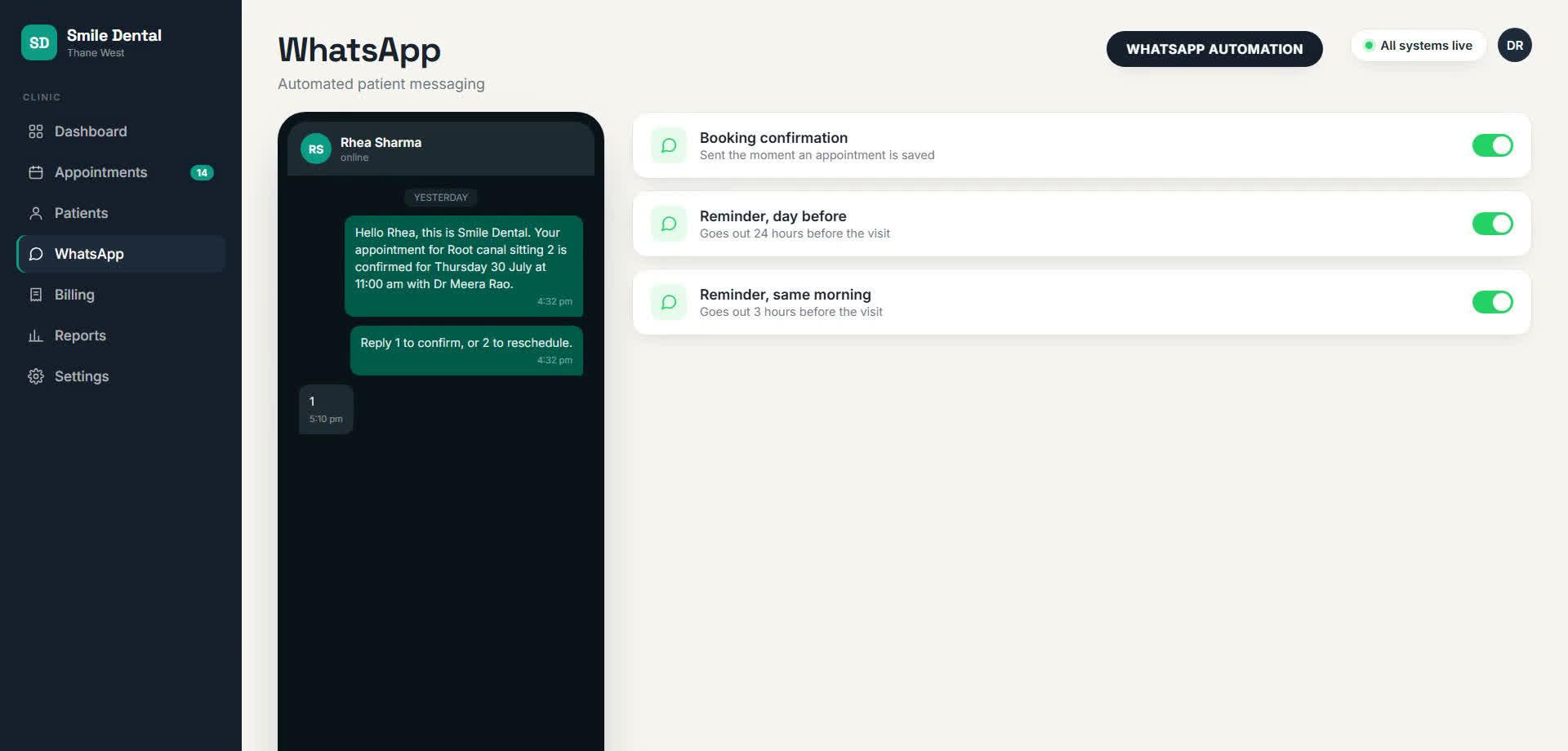 Clinic OS WhatsApp automation for patient confirmations and reminders